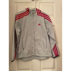 Adidas Lightweight Hooded Windbreaker‎ Jacket Gray Red Stripes Athletic Sz M